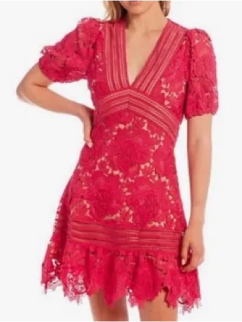 Adelyn Rae Adrian Crochet Deep V Lace Dress